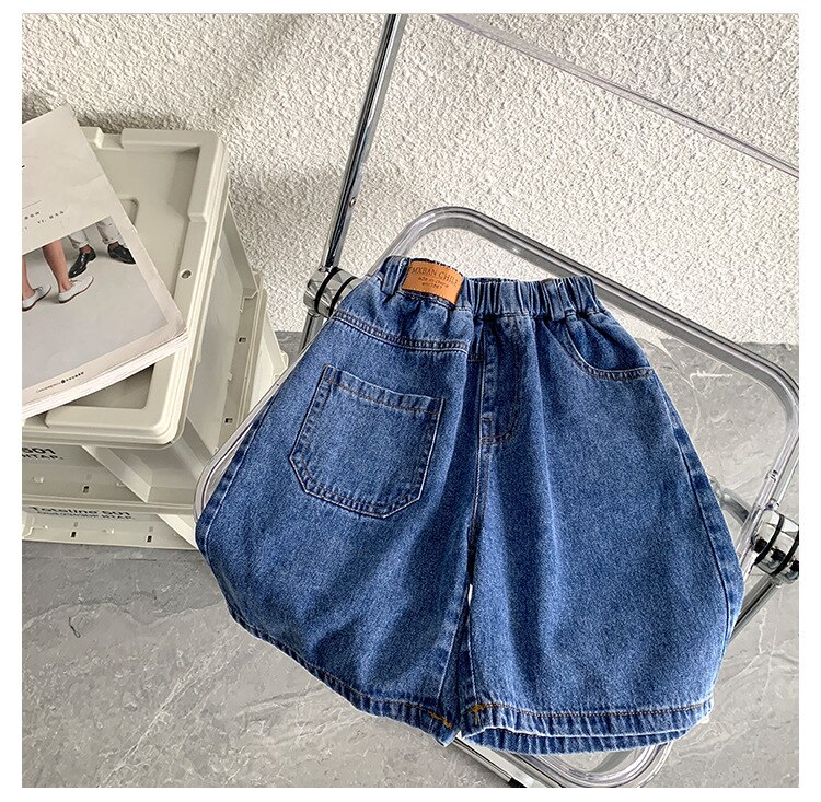 Summer Boys solid color patchwork denim shorts Children loose all-match knee length pants
