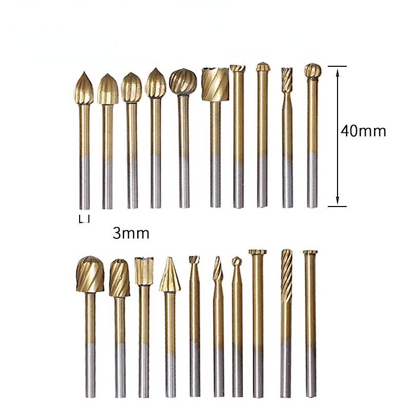 20pcs Rotary File Cutter Titanium Dremel Routing Metal Wood Rotary Milling Rotary File Cutter Woodworking Carving Cutter Tools: Gold