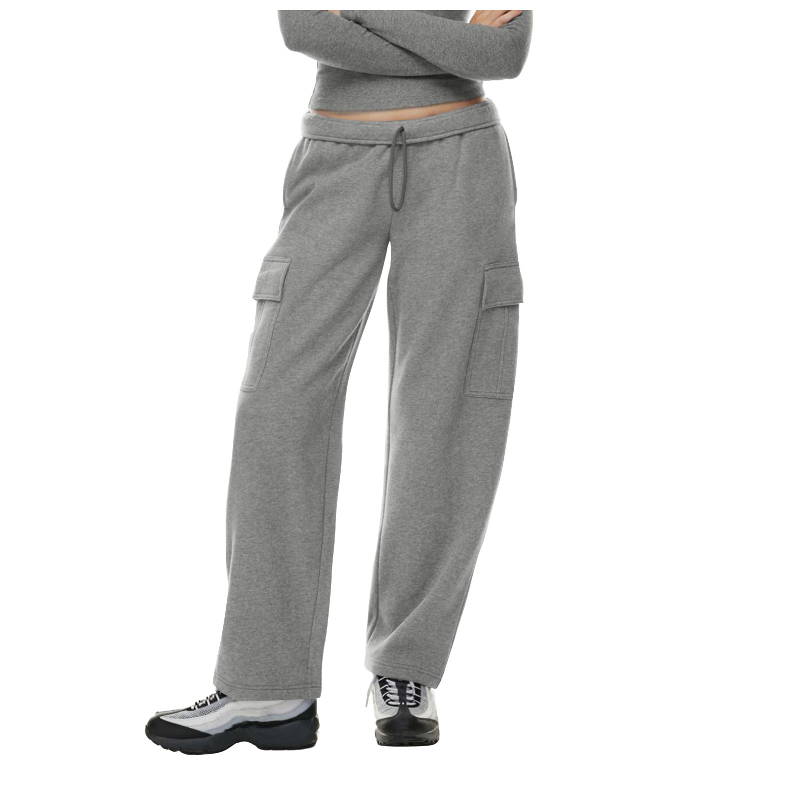 Dame joggingbukser med lige ben, løse, baggy bukser, højtaljede joggingbukser med lommer