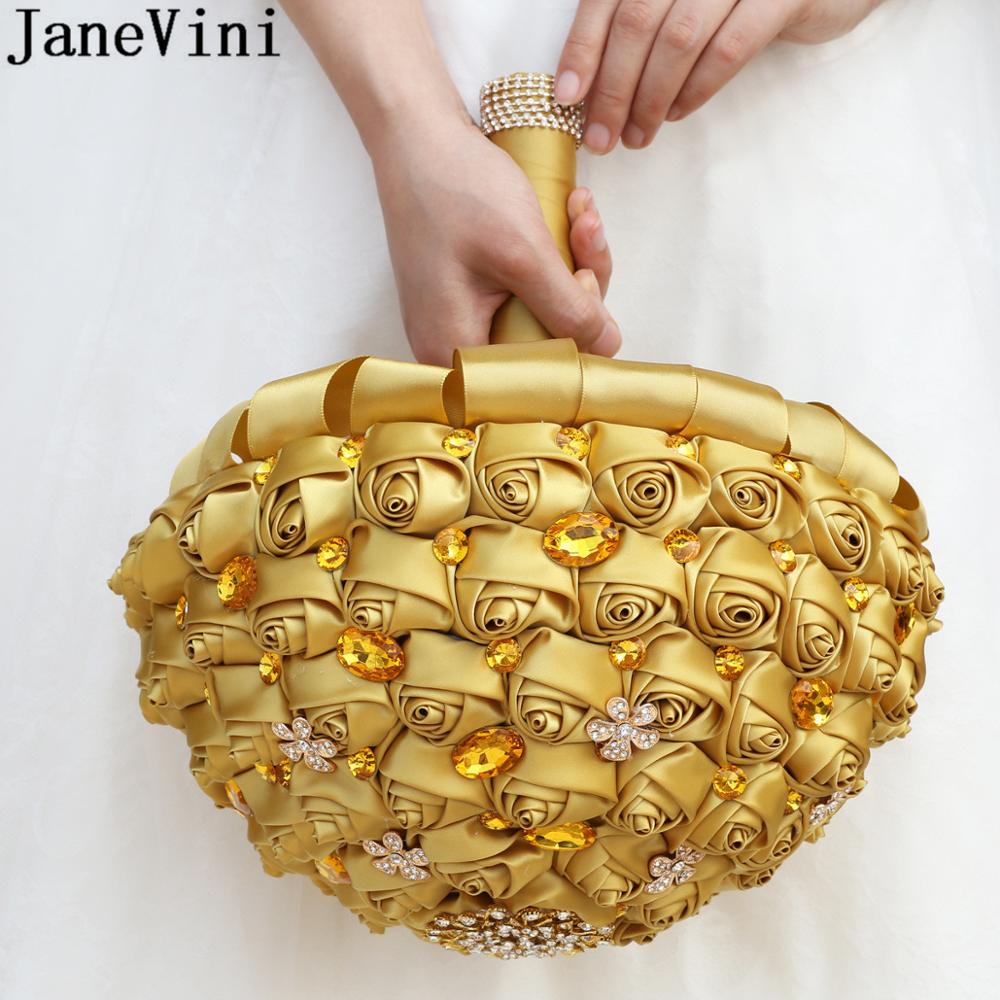JaneVini – Bouquet de mariage de grande taille, 30CM, pour la mariée, en or, luxueux, diamant, cristal, perles, strass, fleurs à main en Satin