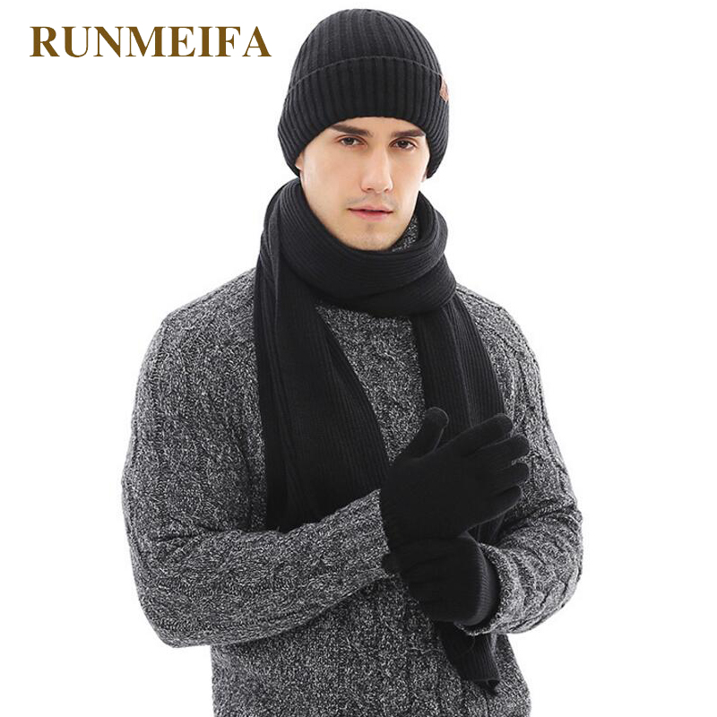 Efterår vintervarmer til mænds rene farve hat&tørklæde&touchscreen handsker på lager