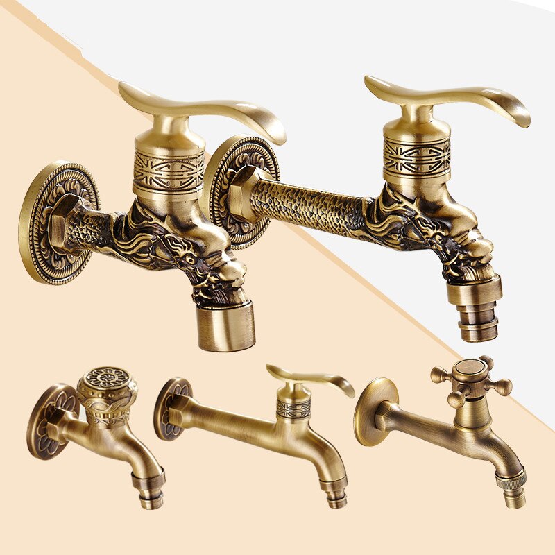 Pure Copper Carved Wall Bottle Tap Bibcock Retro Tap Anticorrosive Decorative Outdoor Garden Faucet Washing Machine Mop Tap