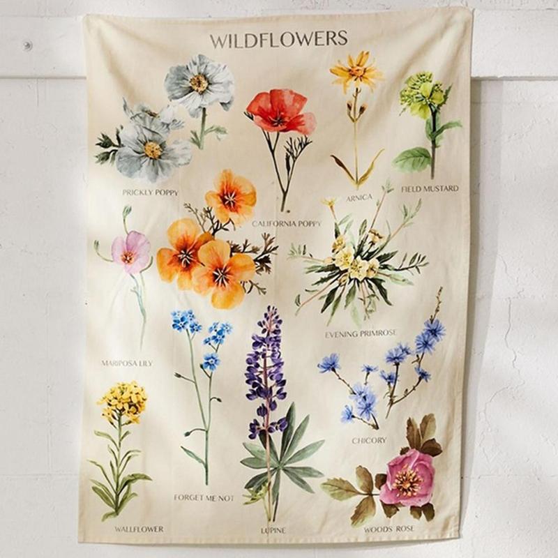1Pc Plant Wildflower Tapestry Kleurrijke Bloem Muur Opknoping Wandtapijten Boho Stijl Beige Retro Straight Wandtapijt Woondecoratie