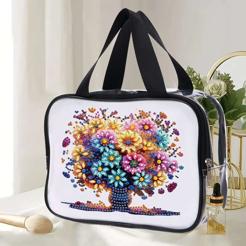 Bolsas de mano con pintura de diamantes y flores DIY para mujer, bolsas de cosméticos de PVC para viaje, bolso transparente para de uso diario, 1 ud.: Blanco