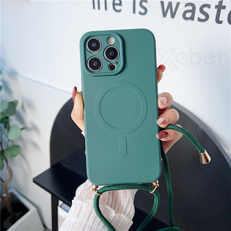 Funda magnética de silicona líquida con cordón cruzado para iPhone 16 15 Pro Max 14 13 12 11, collar para cubierta de carga inalámbrica Magsafe: Para iphone14pro (6,1 ") / Negro