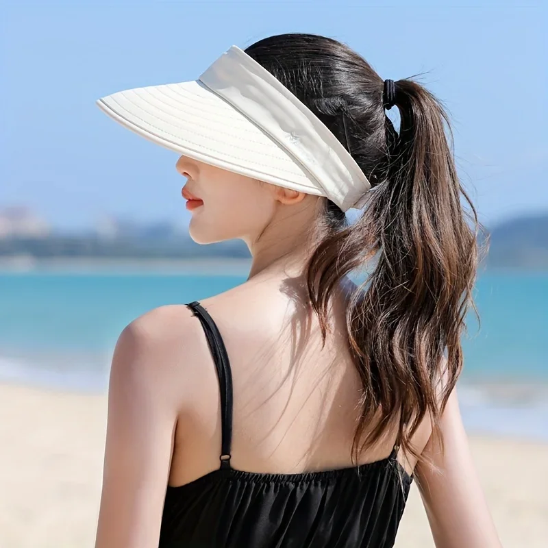 Sombrero de sol de ala ancha para mujer, gorro de cola de caballo desmontable, tapa vacía, protección UV para pesca en la playa al aire libre, Color sólido, 1 ud.