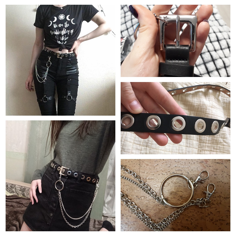 Holle punk jurk jeans riem met ketting pu leer verstelbare zwarte ring riem rij gat oogje vrouwelijke decoratieve taille riemen