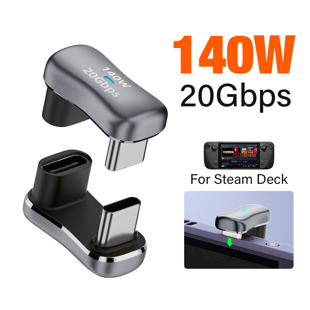 180-Grad-Winkel-USB-C-Adapter, USB-C-Stecker auf Buchse, 20 Gbit/s, PD 140 W, Schnelllade-Konverter-Adapter für Dampf Deck-Zubehör