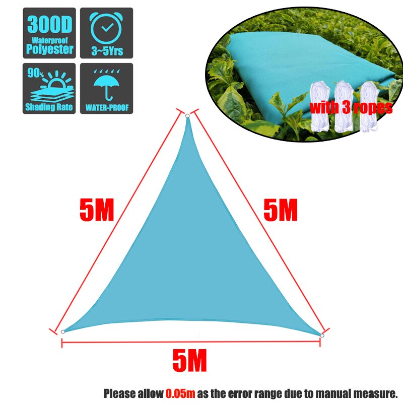300D 8 sizes Regular Triangle Shade Sail Waterproof Polyester awning Sky blue Sun Outdoor Sun Shelter garden Camping Canopy shed: 5x5x5m
