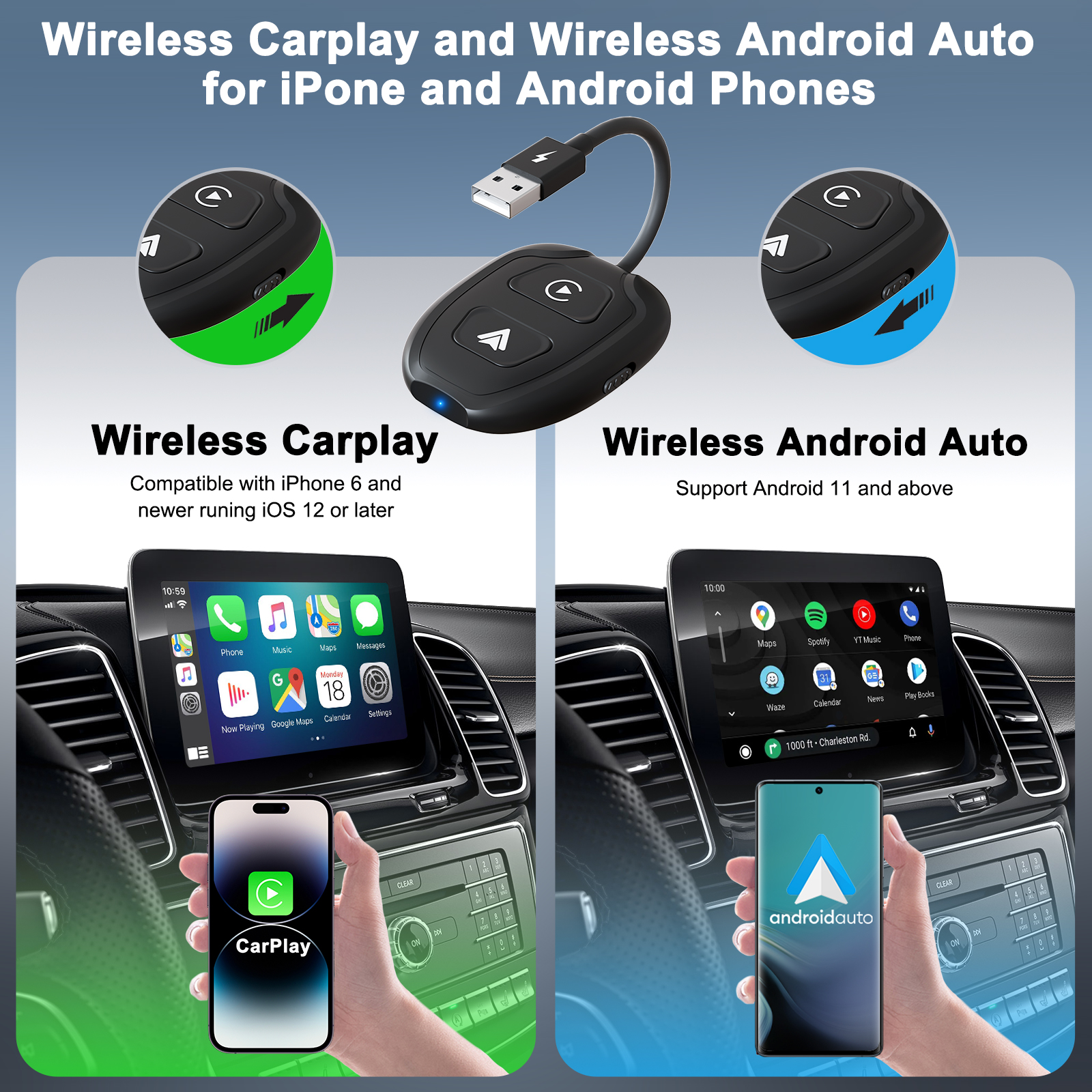 Bezprzewodowy adapter Android Auto i Apple CarPlay 2 w 1, bezprzewodowy adapter 5,8 GHz do fabrycznie przewodowych samochodów CarPlay
