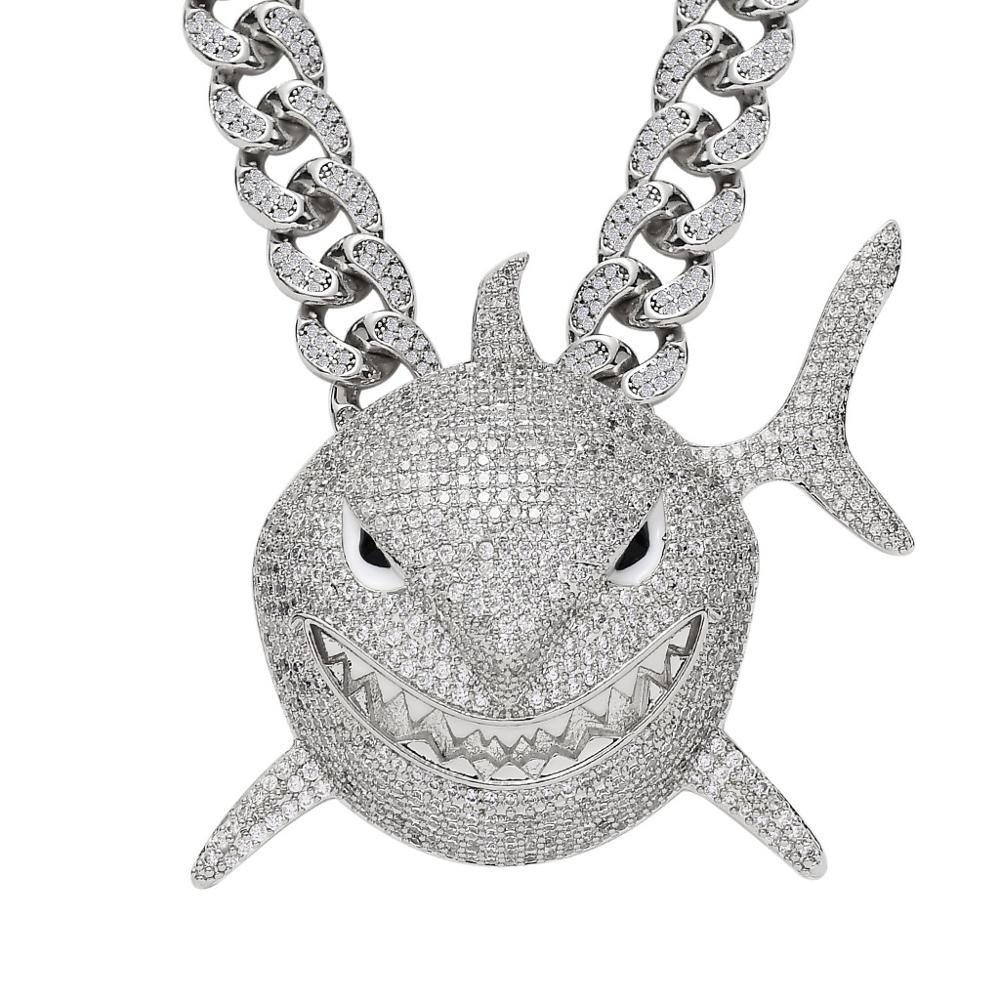 Glacé grande taille 6IX9INE requin pendentif 2 couleurs AAA Zircon collier pour hommes femmes Hip hop bijoux: S with Cuban Chain / 24 inch
