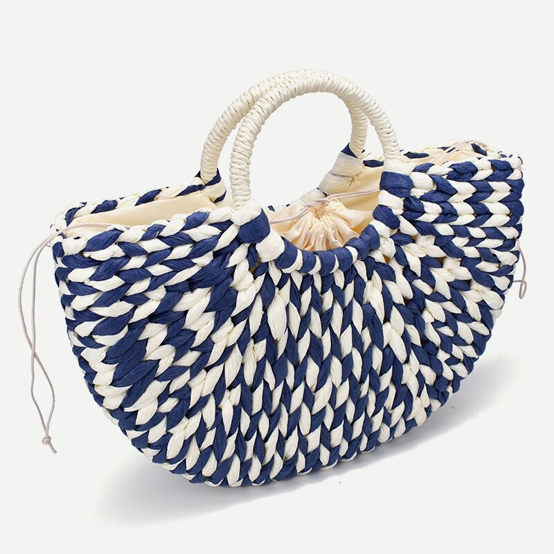 Women round bucket semicircle straw bag handmade net color woven basket rattan handbag