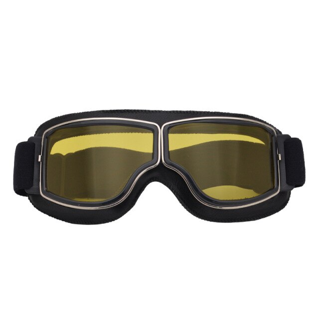 retro Motorrad Brille Gläser Jahrgang Motorrad Brille draussen-Sport Leder für Harley Flieger Gläser Sonnenbrille: Schwarz Kasten Gelb