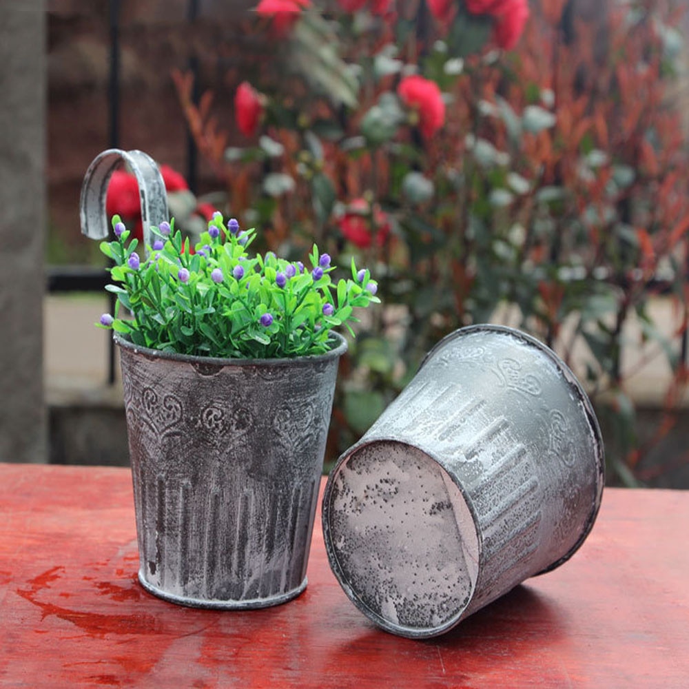 1x vintage retro metal jern hegn hængende keg blomsterpotte med krog haven hængende balkon plante hænge pot planteskole bonsai potter