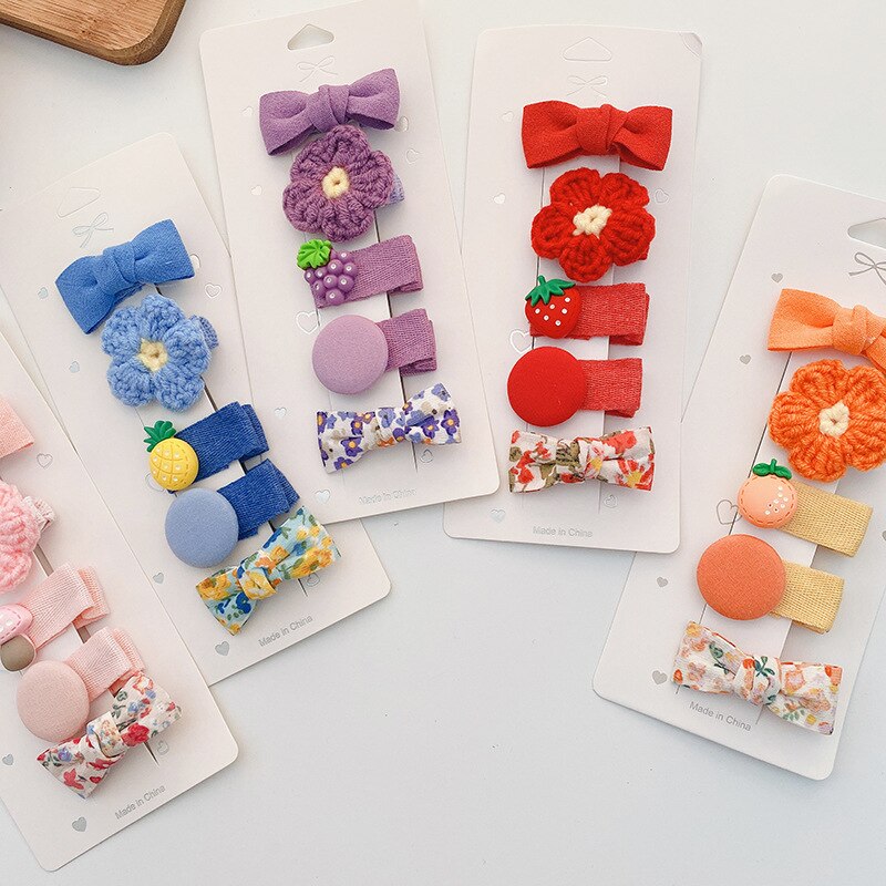 5 pçs bonito arco flor doce crianças hairpins kint woolen artesanal barrettes clipe de cabelo arcos para o bebê conjunto menina