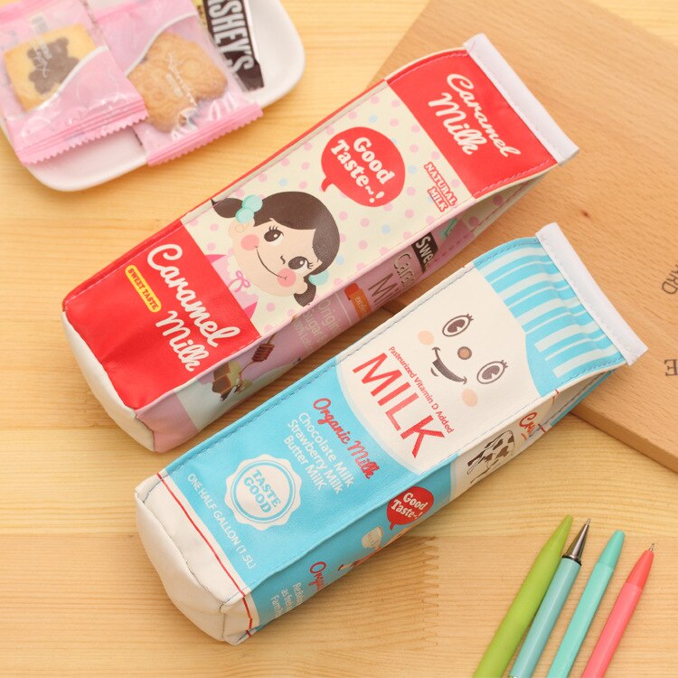 Simulatie melkpak pu leren etui schrijfwaren organizer tas school kantoorbenodigdheden student pennendoos