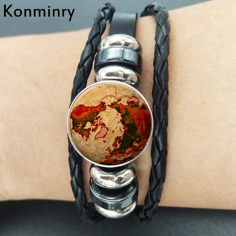 Vintage World Map Globe Leather Rope Bracelet Glass Dome Buttons Africa Bangle For Women Men Jewelry