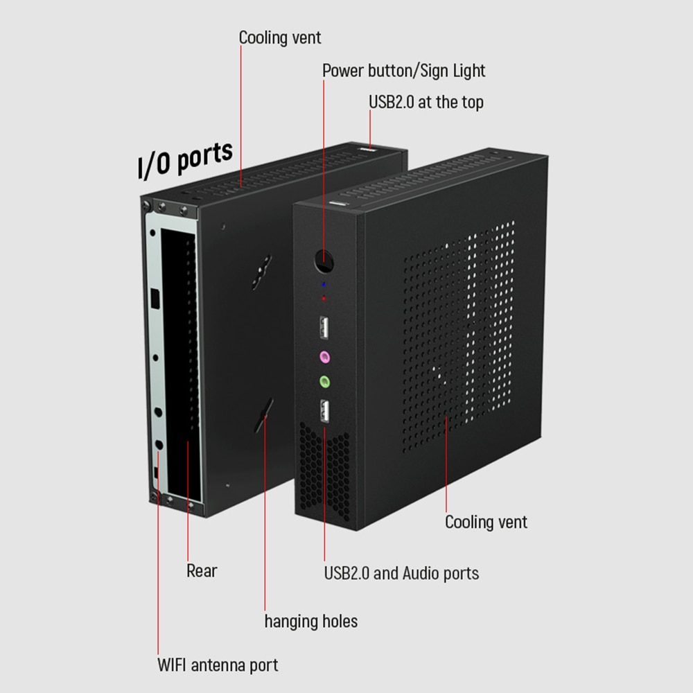 E. mini T5 Dünne Mini ITX Fall Schwarz USB2.0 HTPC WIFI Antenne Ports Keine Power