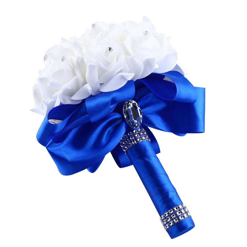Beautiful White Ivory Bridal Bridesmaid Flower Wedding Bouquet Artificial Flower Rose Bouquet Crystal Bridal Bouquets#4: Blue 