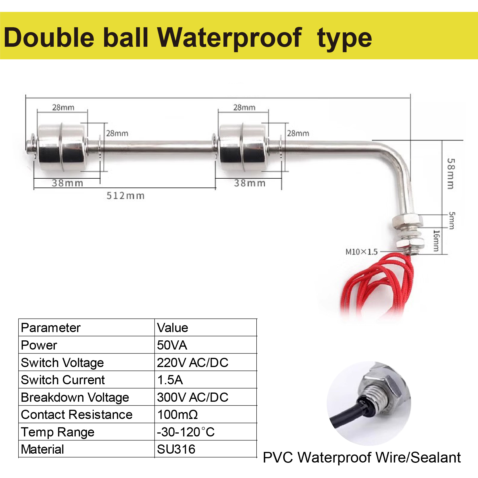 Side mounted stainless steel float switches liquid level sensor waterproof dual ball 304 water tank level controller: S / GRAY
