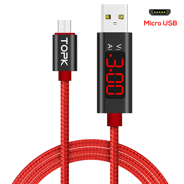 TOPK AC27 Micro USB Kabel 1M Spannung und Strom Display Nylon Geflochten Langlebige USB Ladekabel & Daten Sync: Red