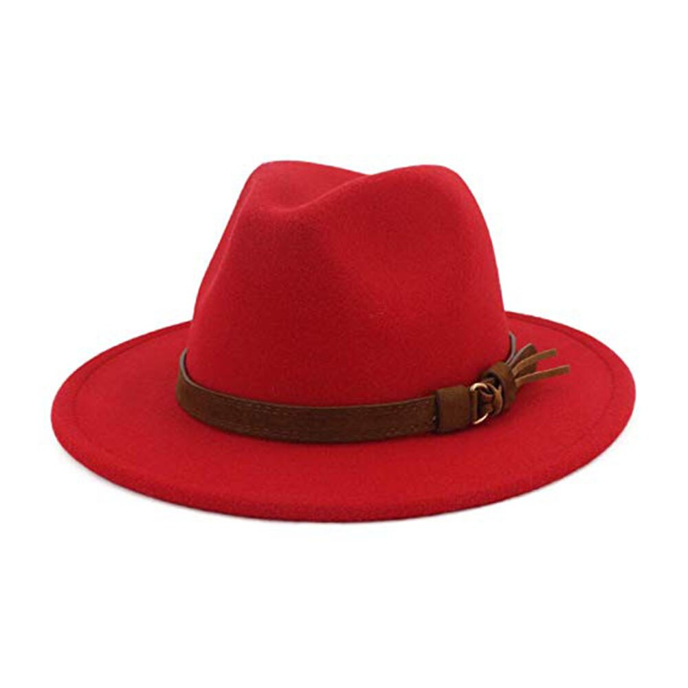 Vintage vinter kvinder filt floppy kasket imiteret læder bælte varm bowler fedora hat filt floppy kasket bælte varm bowler fedora hat: Rød