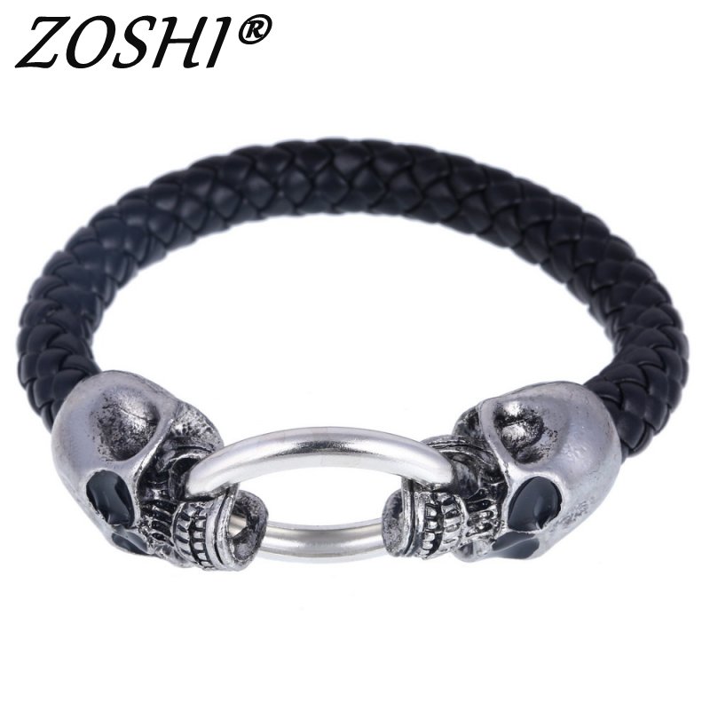 Classical Black Handmade Leather Chain Weaved Man Skull Bracelets Magnet Clasp 316L Stainless Steel Wristband