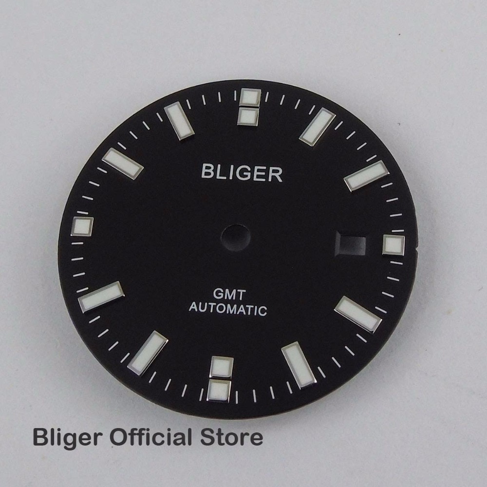 BLIGER 31.5mm Zwarte Wijzerplaat Wit Marks Datum Venster Horloge Dial Fit Voor GMT Automatisch Uurwerk Horloge Wijzerplaat