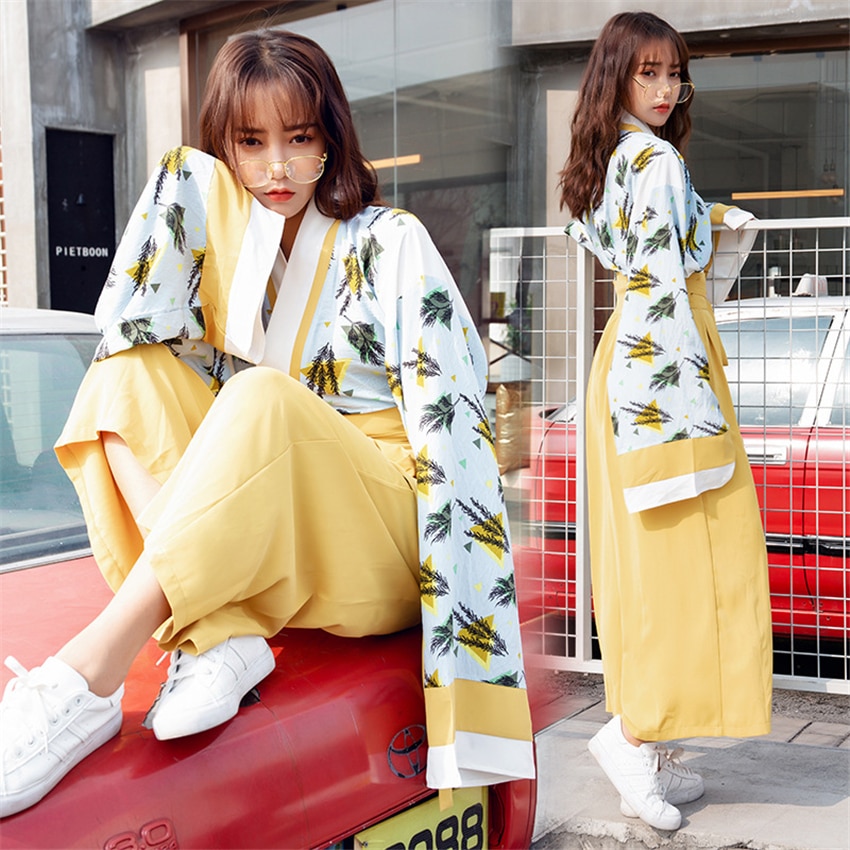 Japansk kimono for kvinne orientalske japan klær sett store lange ermer brede ben bukser fest fotografering kostymer