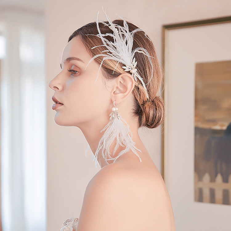 White Feather Bridal Headband with Earrings Crystal Wedding Hair Crown Pearls Jewelry Handmade Women Headpiece