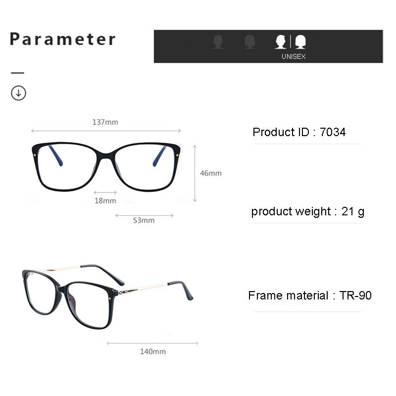 Gafas de montura completa TR90 para mujer, anteojos de cara delgada con forma cuadrada Retro, con luz azul, para Miopía
