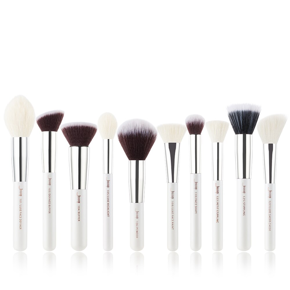 Jessup-pinceles de maquillaje, para base en polvo, maquillaje en polvo, color blanco perla/oro rosa, Definidor facial, pelo natural, 10 Uds.: G2-T246-10PCS