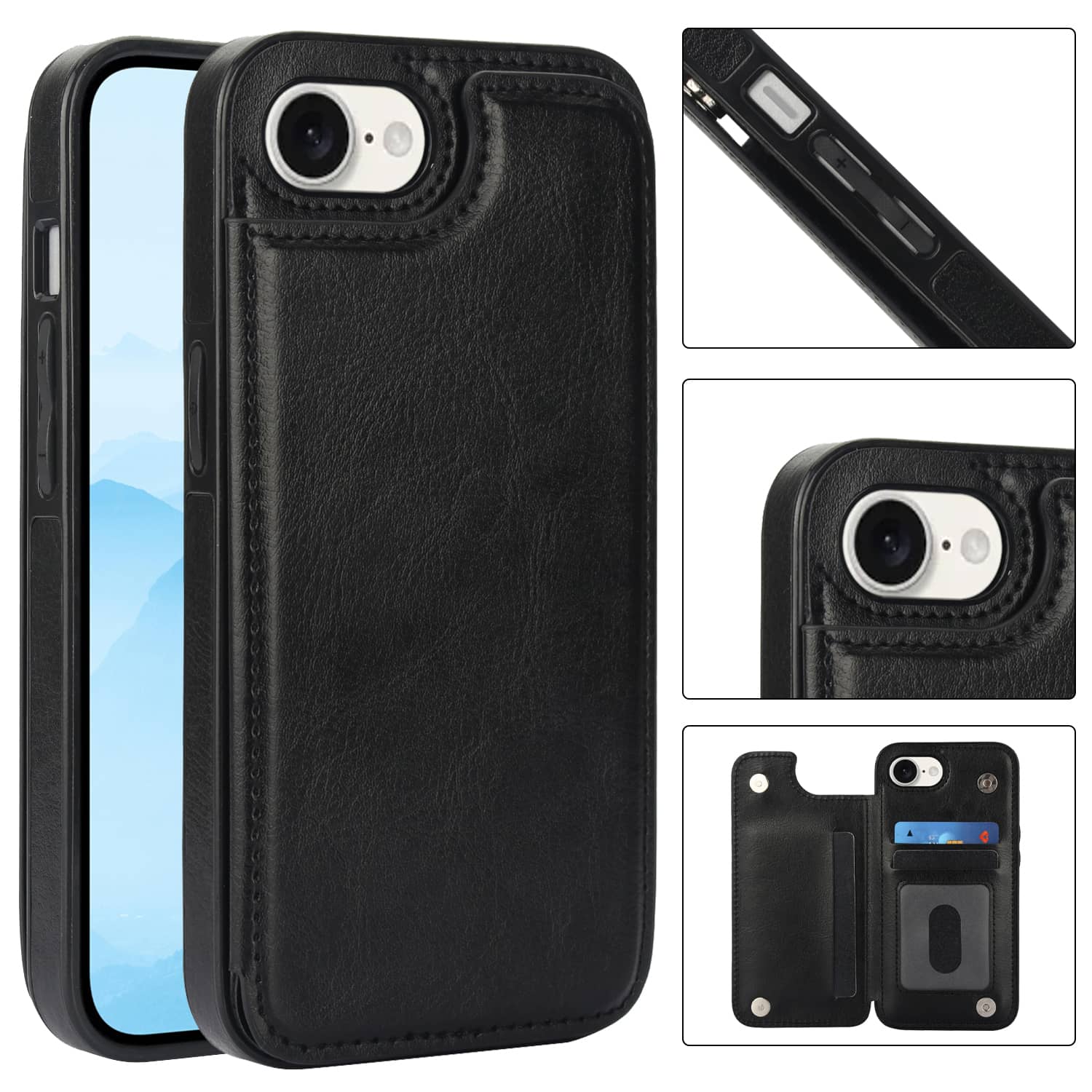 For iPhone 16e Wallet Case With Card Holder, PU Faux Leather Kickstand Card Slots,Double Magnetic Clasp Durable Cover