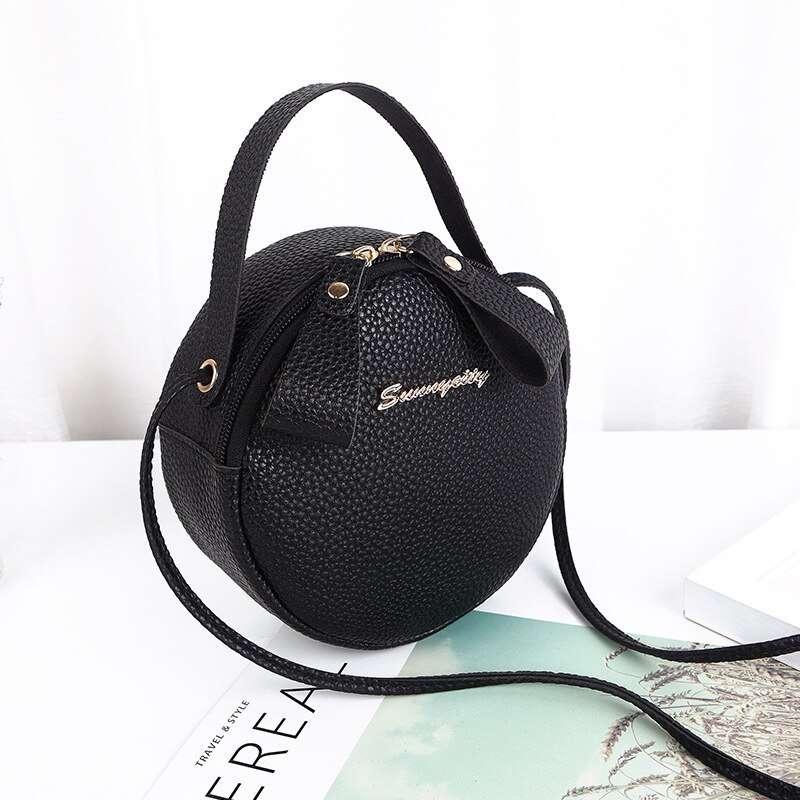 neue Frauen Taschen Niedliche Kleine Runde Tasche PU Schulter Tasche Litschi aufbringen Diagonale Tasche Tragbare Tasche: Schwarz