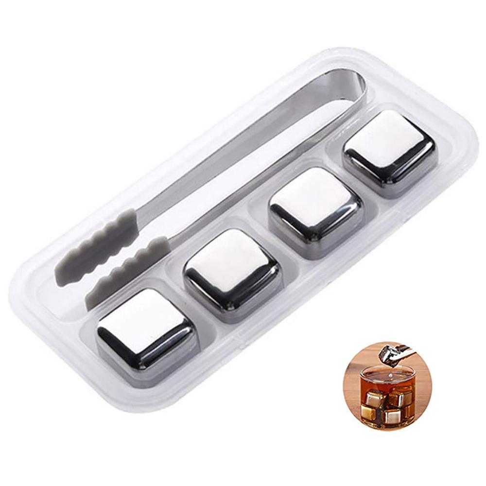 Stainless Steel Whiskey Stones Reusable Drink Coolers MetalIce Cube Stone Chilling Rocks Cooling Wine Beer Beverage Set: Set of 4 with tongs