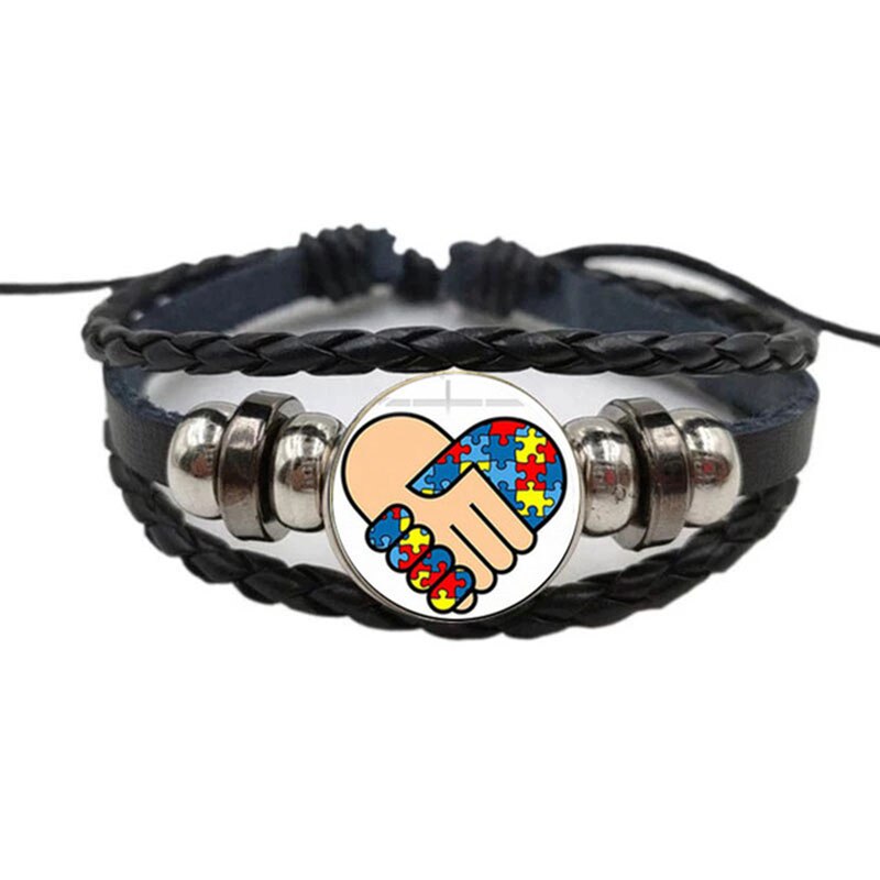 Puzzle Autism Awareness Bracelet Puzzle Ribbon Glass Picture Woven Leather Survival Bracelet Love Hopeful Jewellery: 6