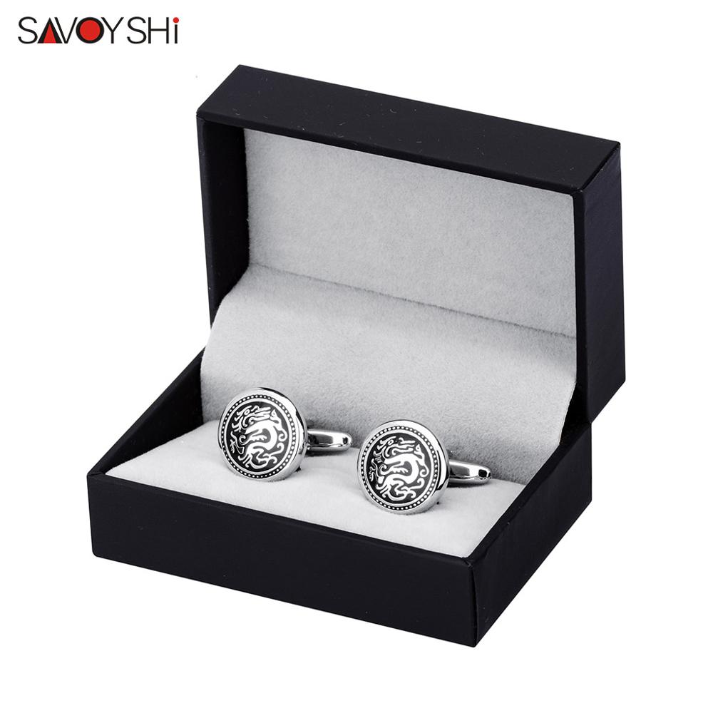 Savoyshi masculino camisa abotoaduras de alta qualidade manguito bottons redondo esmalte preto padrão manguito ligação marca presente jóias livre nome personalizado: Cufflinks with Box A