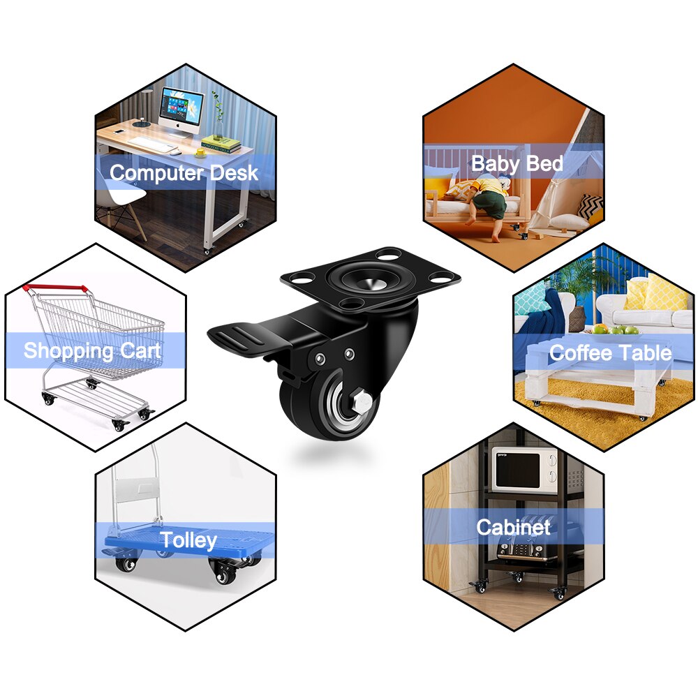Office Chair Caster Wheels 2 inch Duty Plate Casters with Safety Brake No Noise Lockable 360 Degree Wheels Furniture Hardware