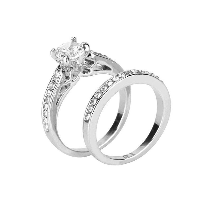 2pcs Diamond Couple Ring Set Silver Zircon Inlaid Simple Couple Jewelry Valentine's Day Couple Souvenir: 6