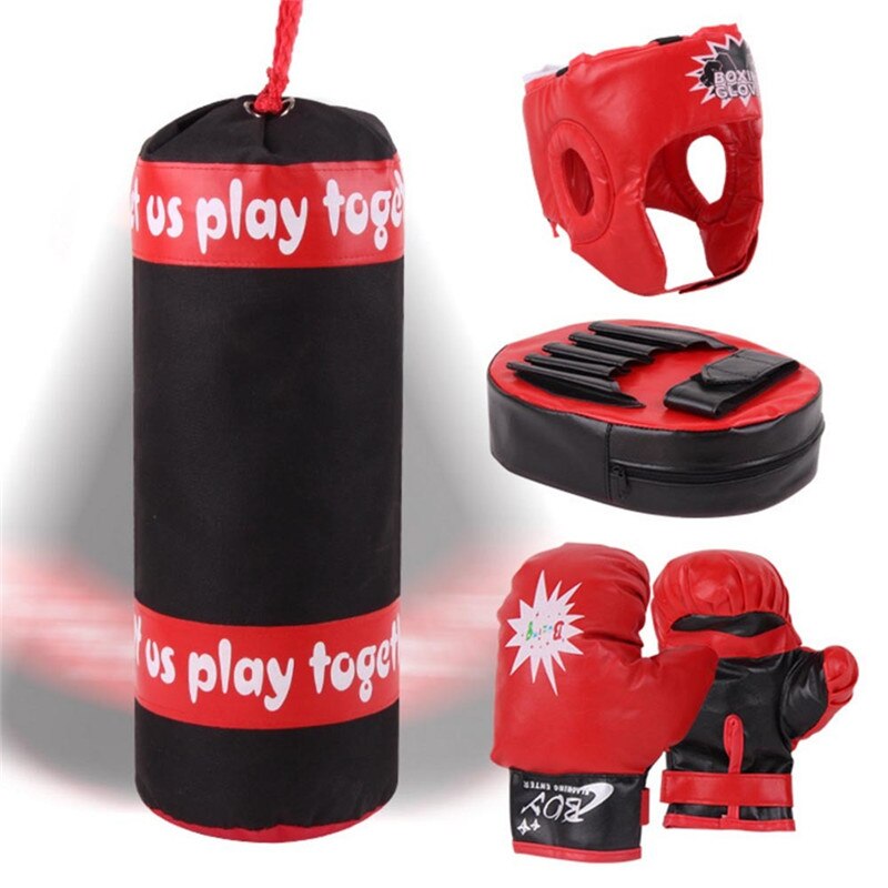 PU Leather Boxing Set Including Boxing Gloves Kids Punching Bag EVA Padding Head Protector Decompression Sandbag Kit Equipment: bag-glove-Helmet-pad