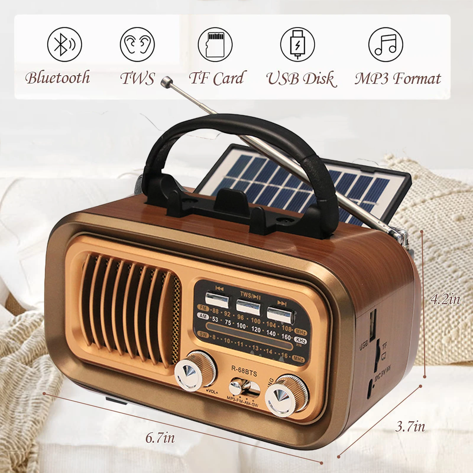 Bärbar dsp-radio klassisk vintage fm am sw-radio trådlös retro solcellsdriven bluetooth-högtalare  mp3 tf usb-musikdosa avtagbart batteri