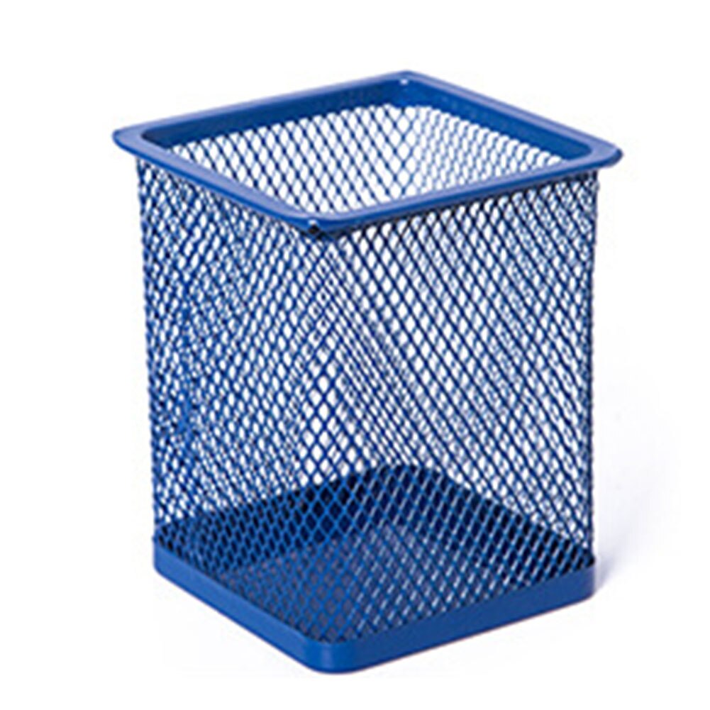 Mesh Metal Makeup Brushes Holder Pen Pencil Brush Pot Holder Storage Container Office Desk Organizer Cosmetic Pen Box: Blue  Square