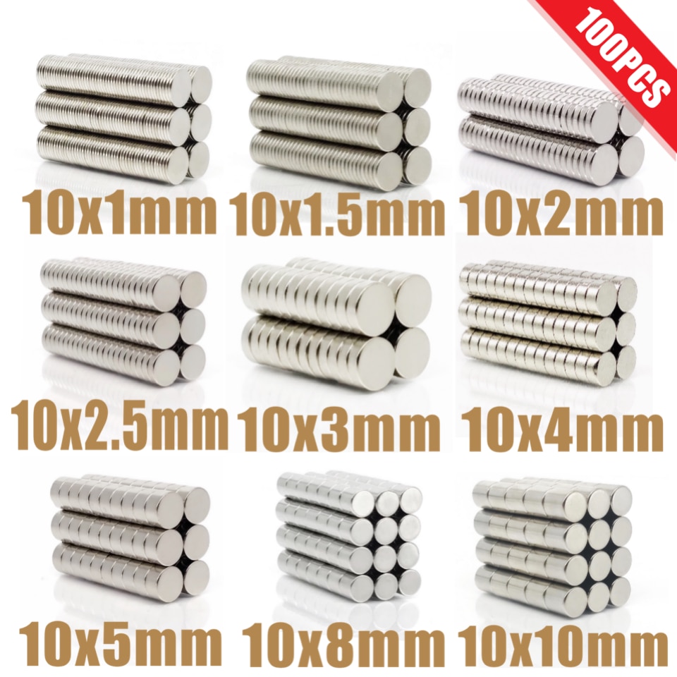 100 pièces aimant rond 10x1 10x2 10x3 10x4 10x5 10X8 10x10mm aimant néodyme Permanent NdFeB Super fort aimants puissants 10X1.5