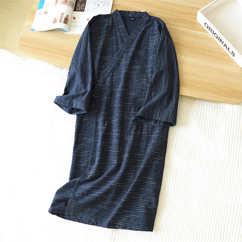 Men 2022 Japanese Style Kimono Cotton Bathrobe Spring Summer Vintage Striped Pajamas Casual Loose Long Sleeve Homewear