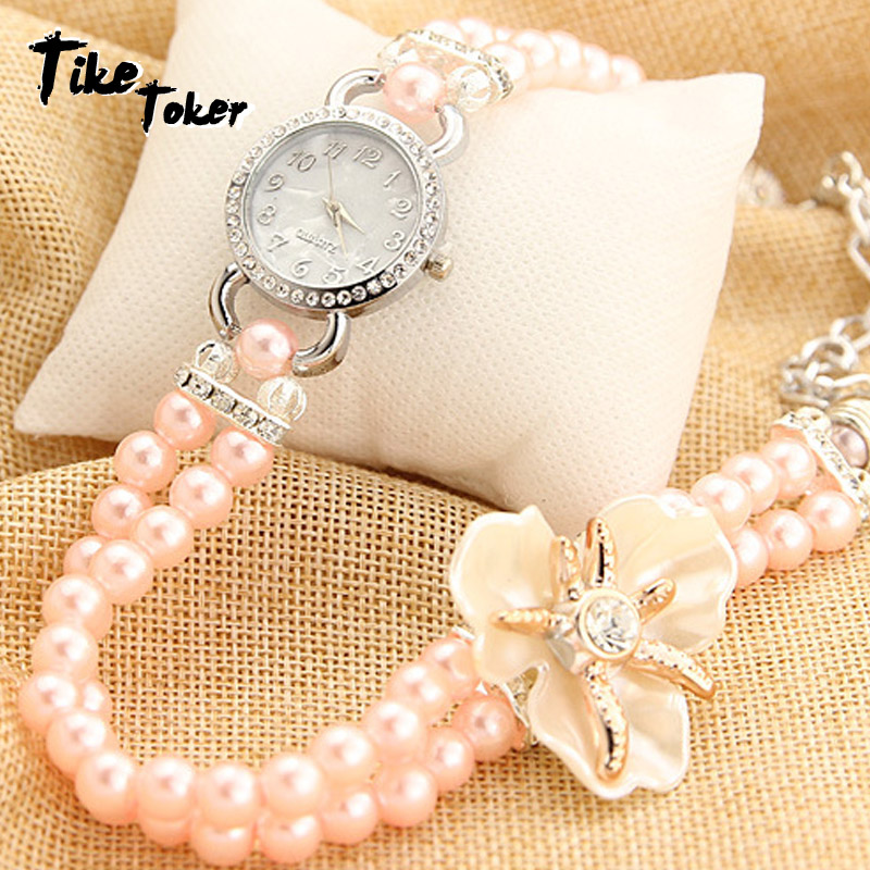 Tike Toker, Parel Quartz Armband Horloge Dames parel bloem bracelt Vrouwen Horloges Brand Populaire stijl 8