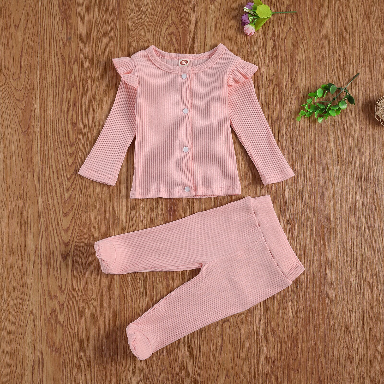 FOCUSNORM Newborn Baby Girls Boys Sleepwear Sets 2pcs Solid Long Sleeve Single Breasted Knit Tops Trousers Pants