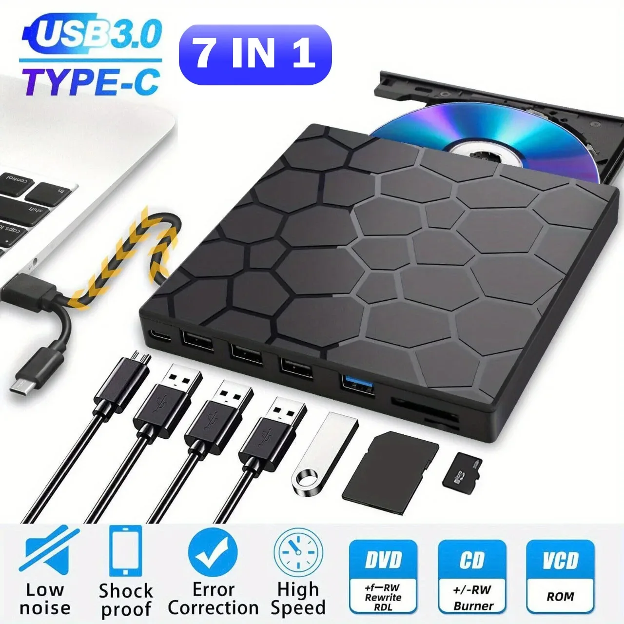 7 in 1 External CD/DVD Drive USB 3.0 Type C Portable DVD Player CD Burner External Disk Drive for Desktop Mac Windows Linux: Default Title