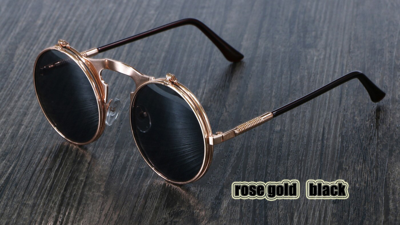 3057 steampunk solbriller rundt metal kvinder stil retro flip cirkulære dobbelt metal solbriller mænd cirkel solbriller: Rosa guld sort