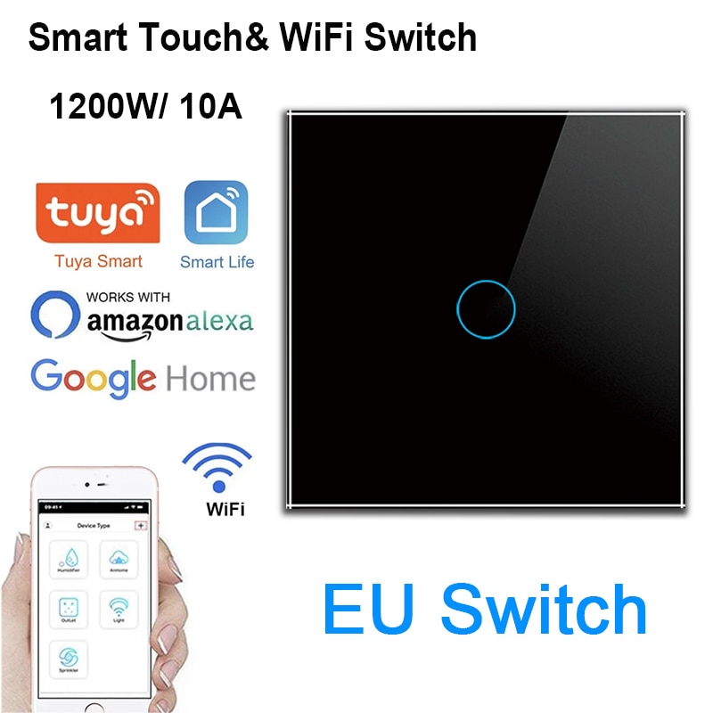 Tuya Touch Light Switch 1/2 Gang Intermediate Stair Switch EU Power Sensor Switches Black White With Glass Panel smart home