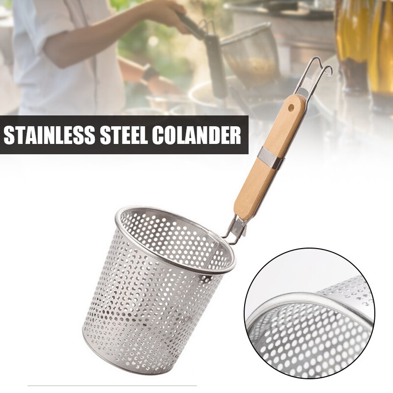 Roestvrij Staal Noodle Lepel Mesh Pasta Mand Met Houten Non Slip Handvat &amp; Staart Opknoping Haak Lichtgewicht Duurzaam Koken Gereedschap